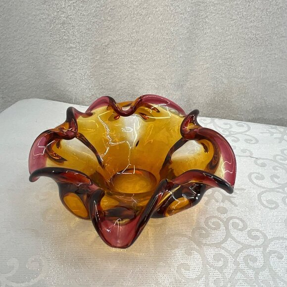 Murano-Style Hand-Blown Glass Amber & Purple Art Ashtray Bowl - Picture 1 of 6